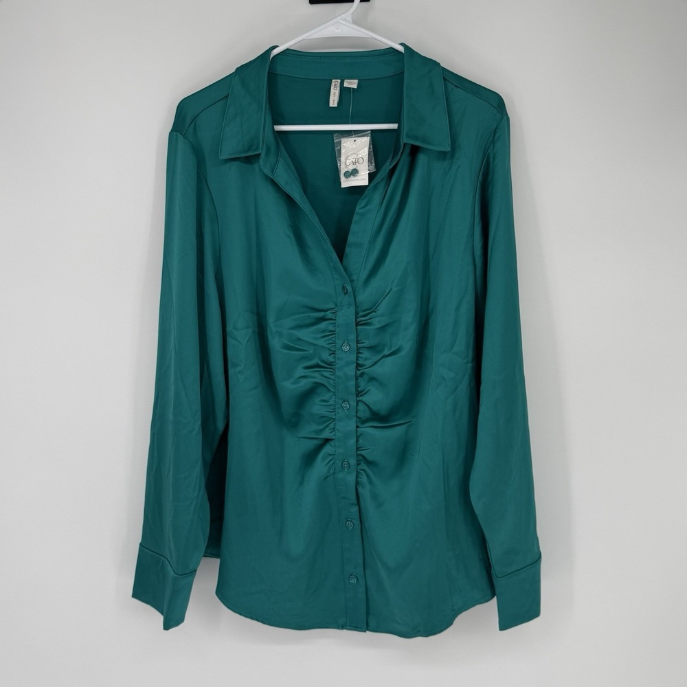Cato Top Womens 18/20 Tropical Teal Satin Ruched Button Down Boss Babe Elegant